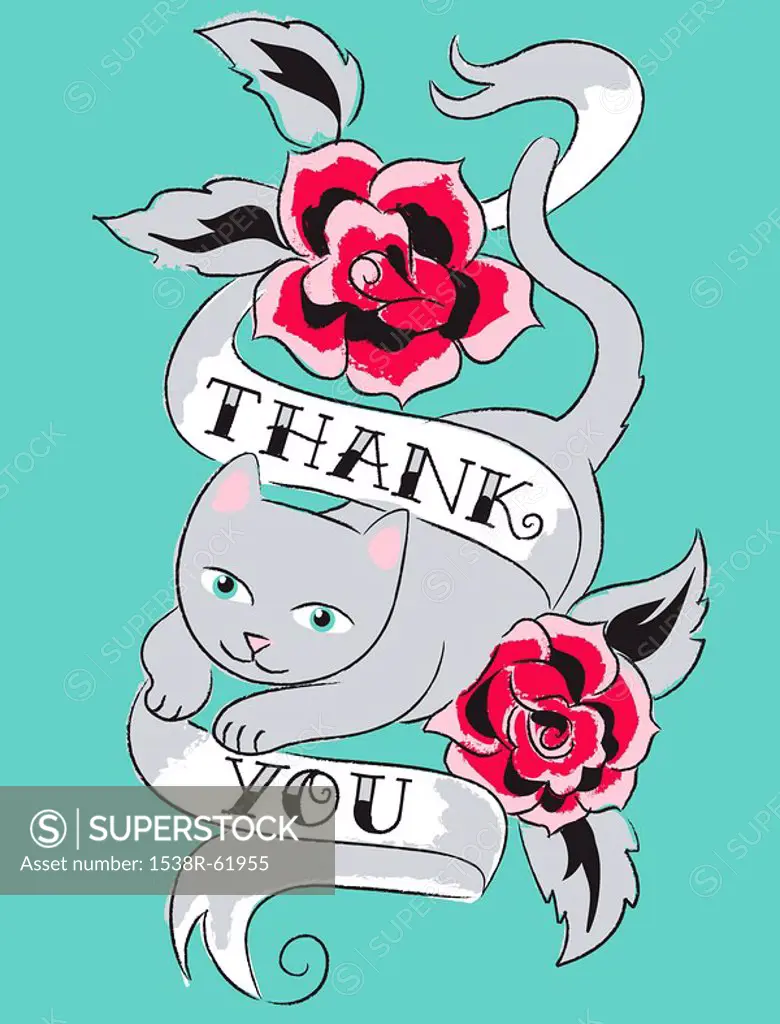 A cat jumping through roses and a sash with the words Thank You