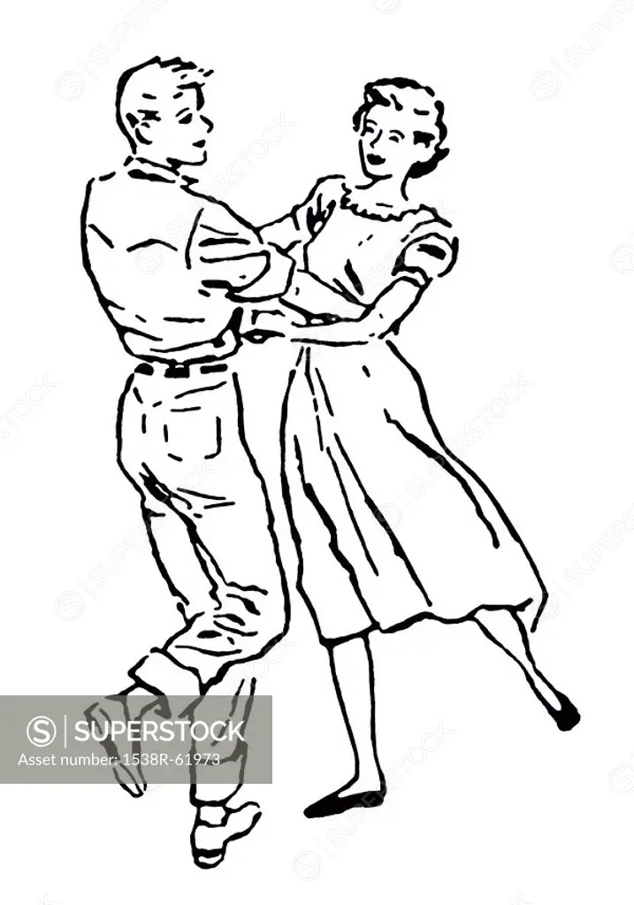 A black and white version of an illustration of a couple dancing