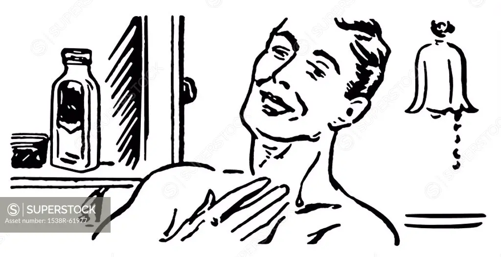 A black and white version of a vintage illustration of a man shaving in the morning