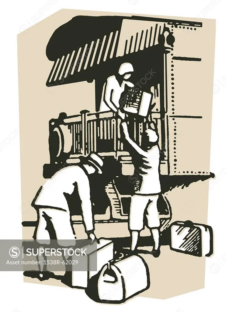 A vintage illustration of people boarding a train for vacation