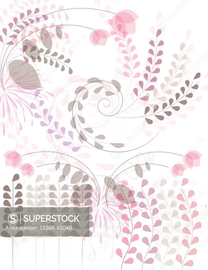 A collaboration of leaf and floral shapes layered upon one another on shades of pinks and browns