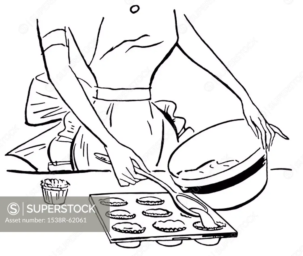A black and white version of a vintage illustration of a woman baking muffins