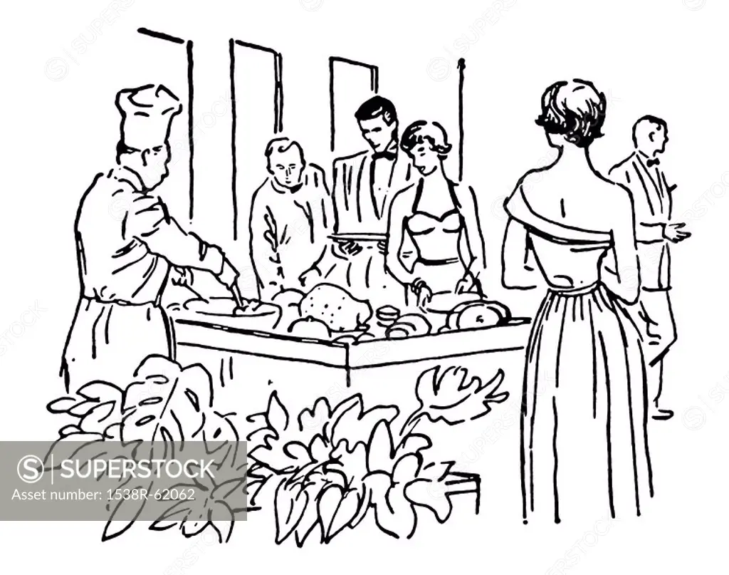 A black and white version of a vintage illustration of a group enjoying a buffet