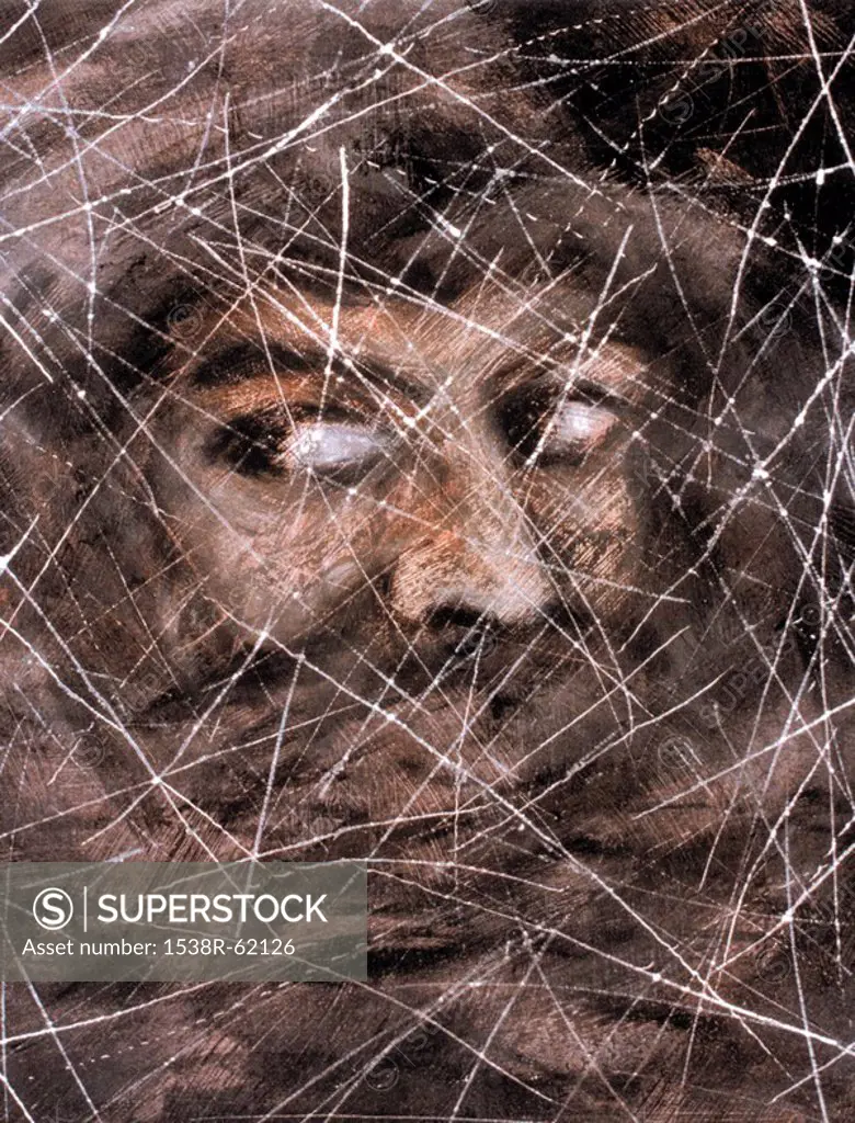 An illustration of a persons face mostly covered in fabric apart from their eyes