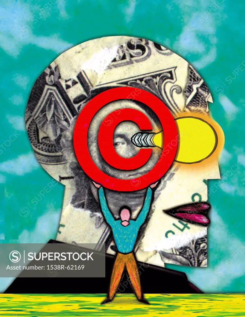 A small figure holding a copyright symbol in front of a collage of a head