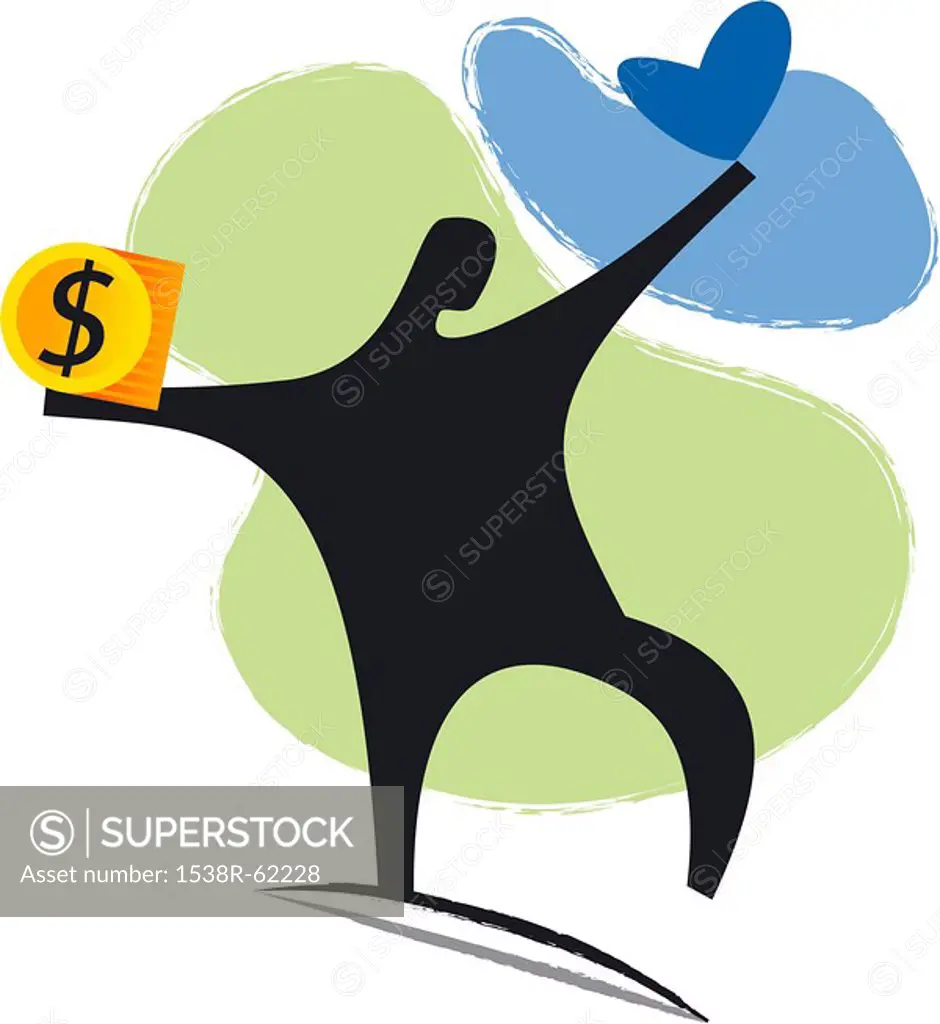 An illustration of a figure holding a heart in one hand and a dollar symbol in the other