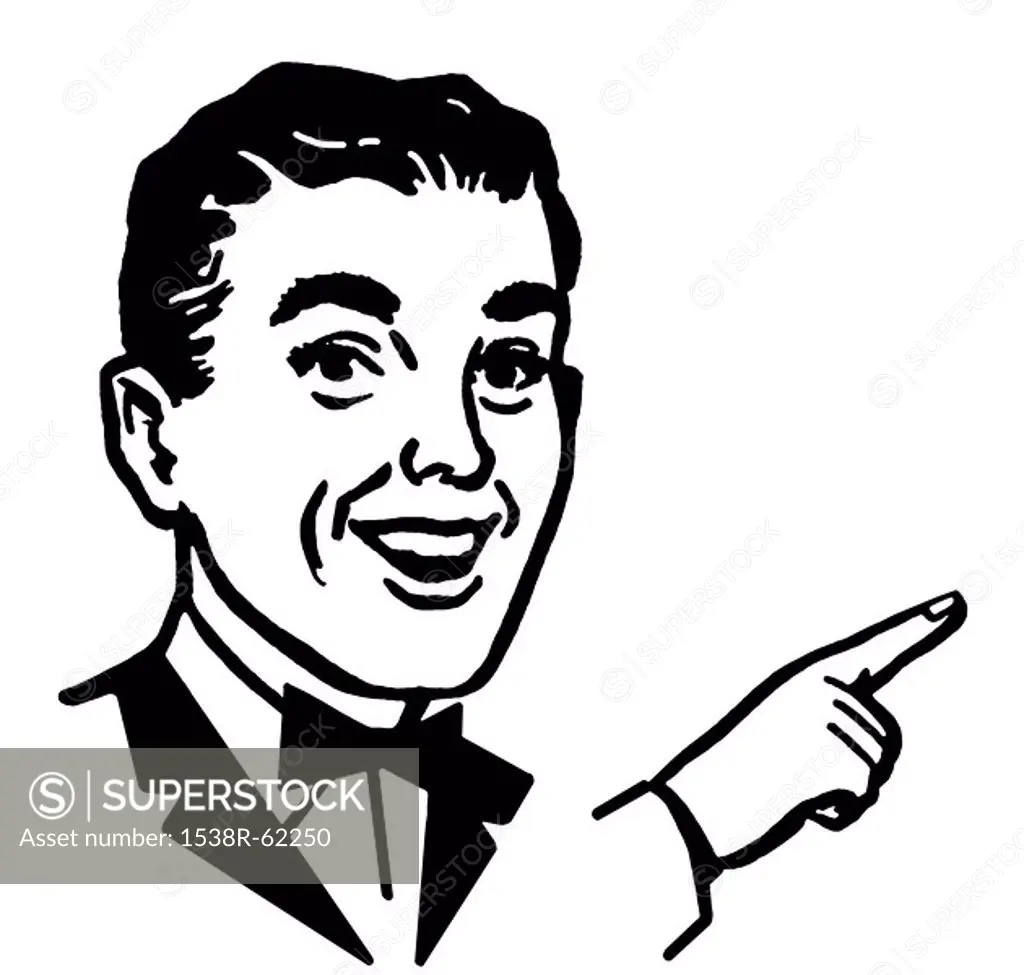 A black an white version of a man dressed in a lounge suit pointing his finger