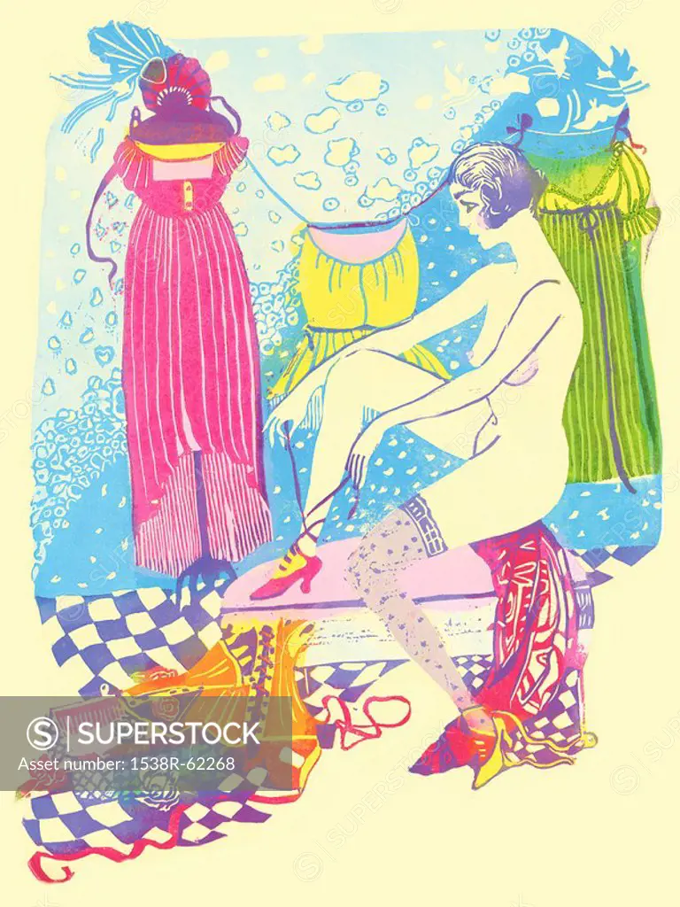 A very colorful 1920s inspired print of a woman getting dressed