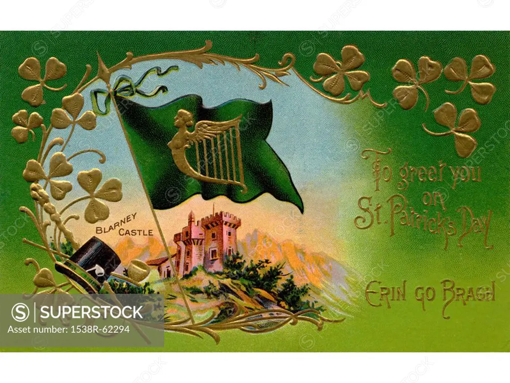 A vintage St. Patricks Day Souvenir card with an illustration of Blarney Castle