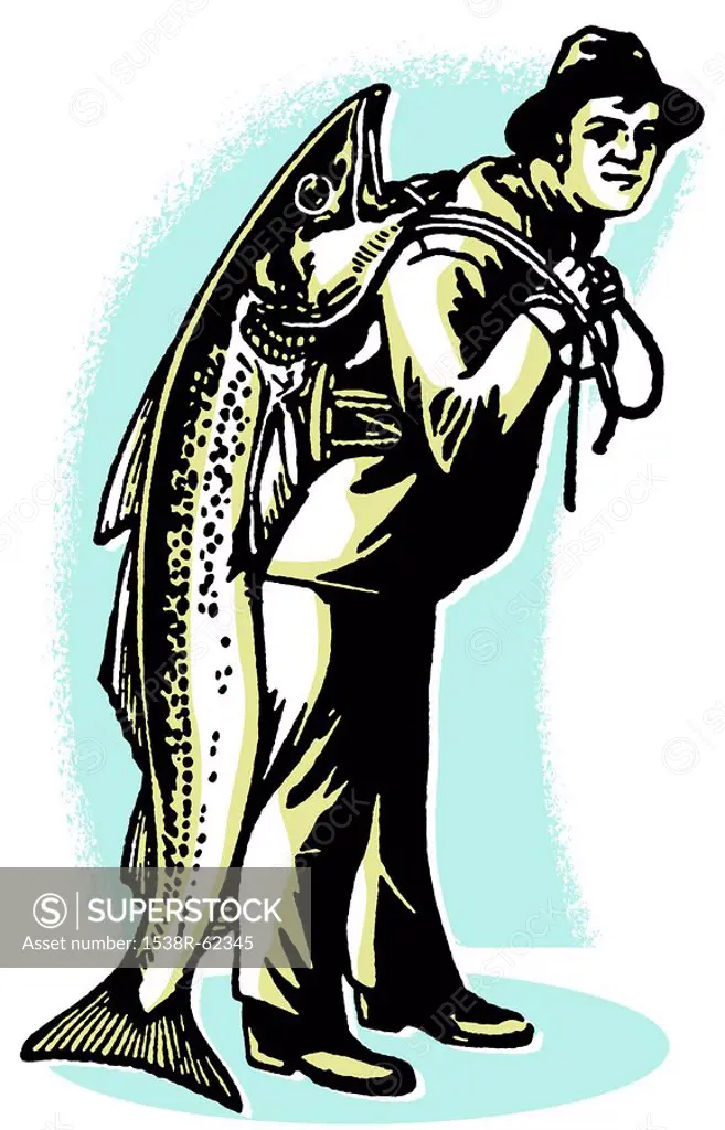 A man carrying a fish almost as big as he is
