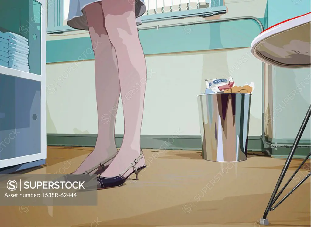 An illustration of a womans feet and lower legs standing in an office environment drawn from a low angle