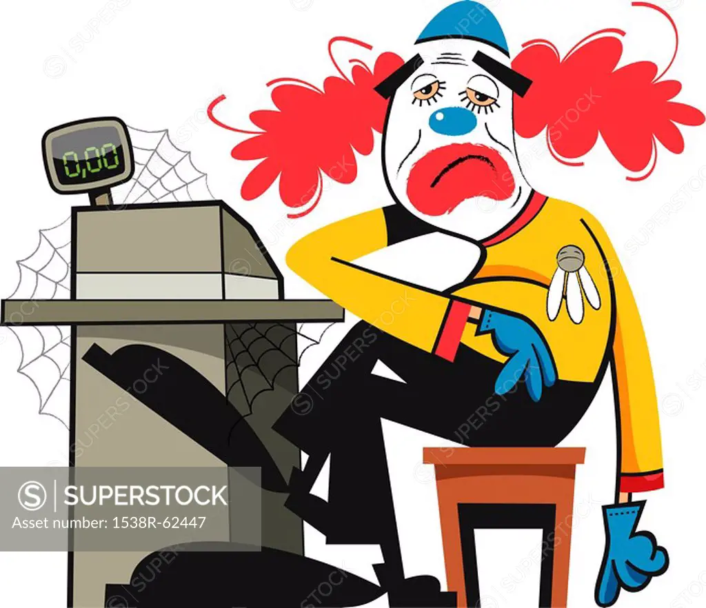 An illustration of an unhappy looking clown sitting by a cash register