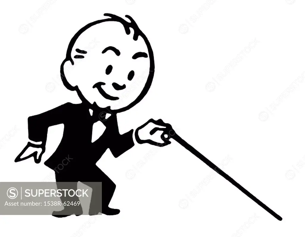 A black an white version of a cartoon style drawing of a small man dressed in a lounge suite with a cane