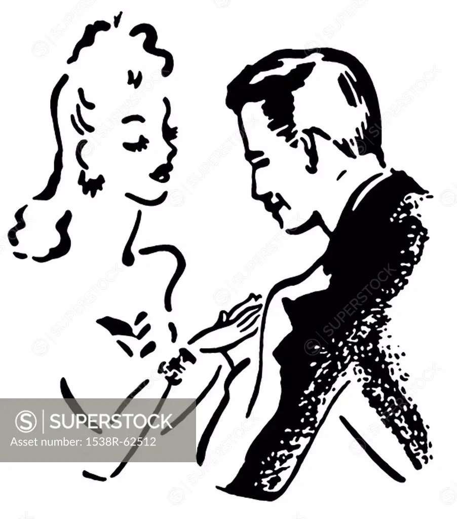 A black and white version of a vintage illustration of a man and woman flirting