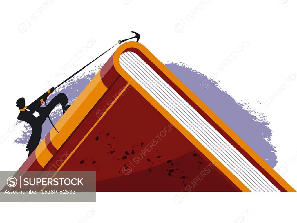 A small figure climbing up the spine of a book with a rope and anchor