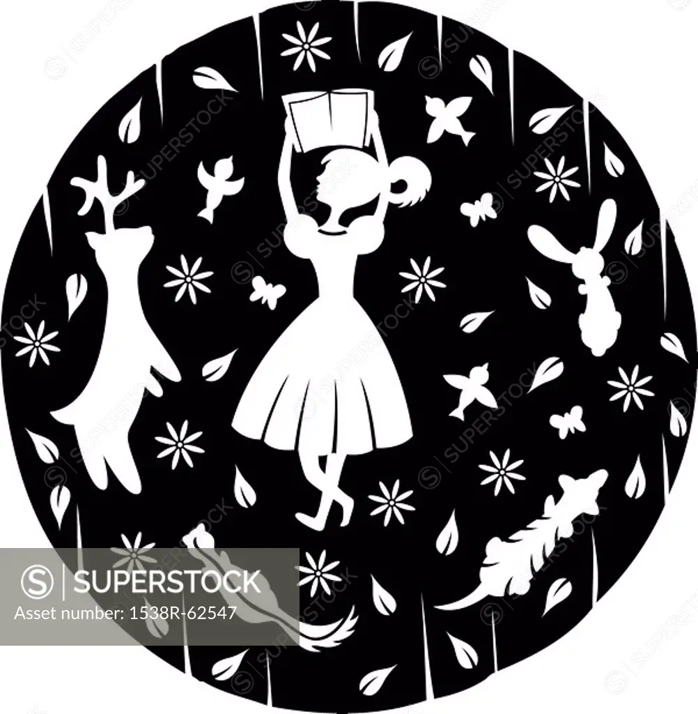 A paper_cut design of a young girl reading a book surrounded by friendly animals
