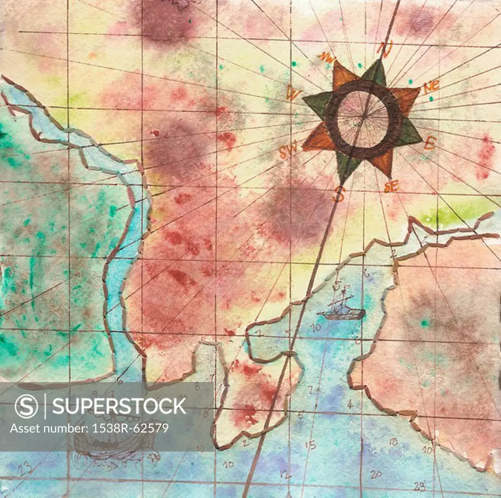 A painting on textured paper of a map and compass