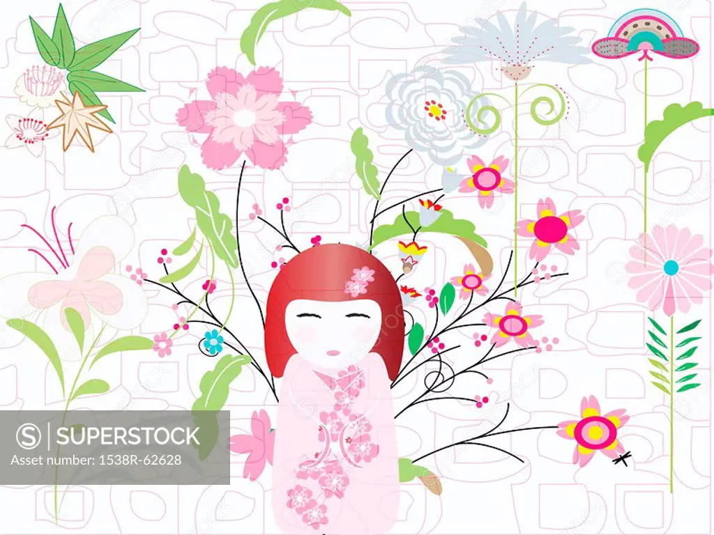 An illustration of a Japanese style doll with an array of different flowers in the background
