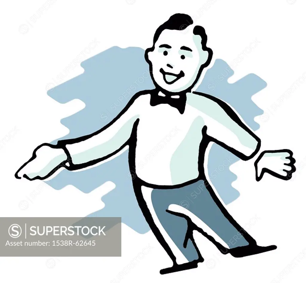 A cartoon style drawing of a man dressed in a lounge suit pointing his finger