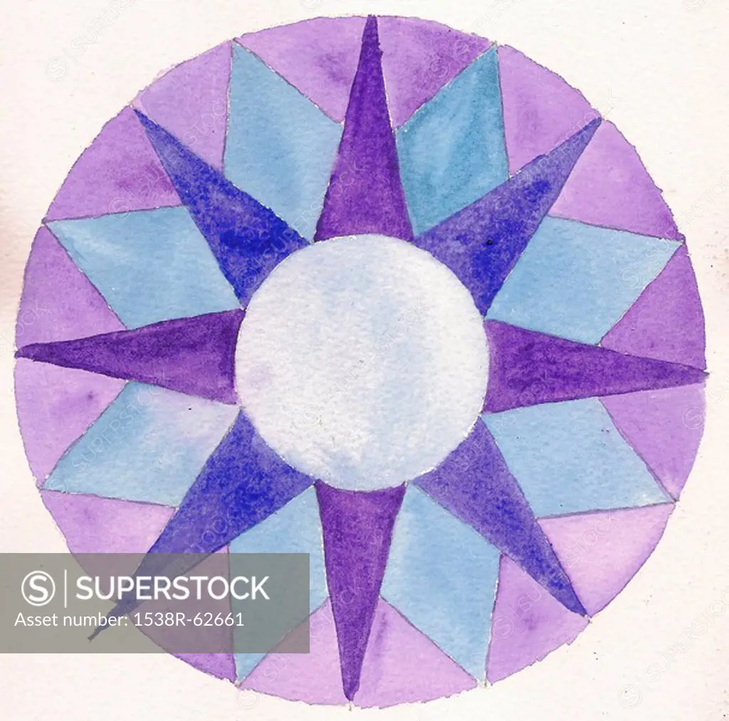 A painting on textured paper of a compass in shades of blue and purple