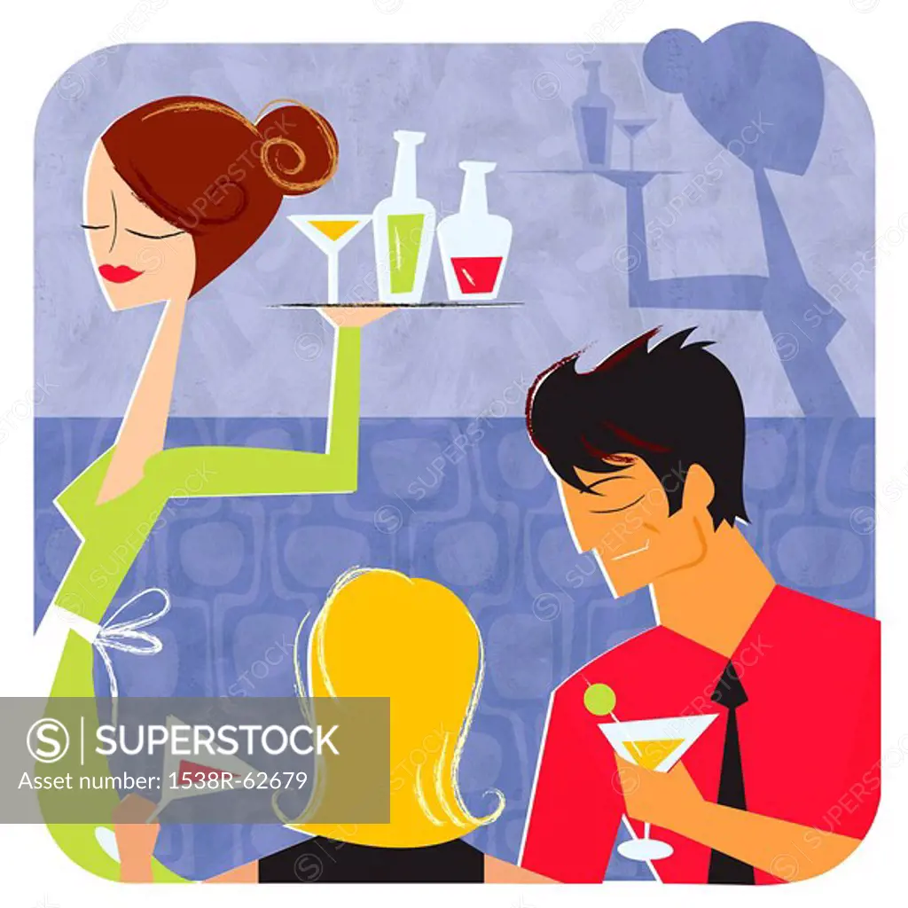An illustration of a waitress carrying a tray of drinks at a cocktail party