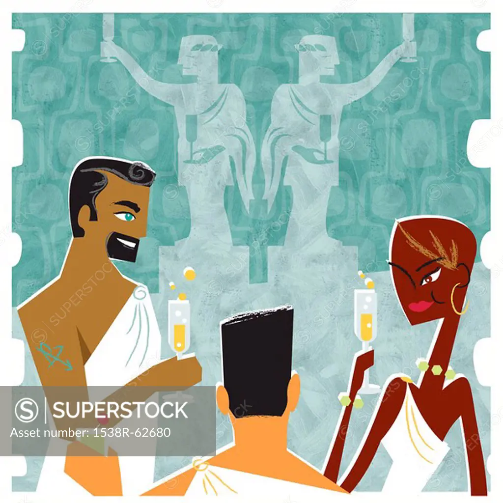 An illustration of a group of people enjoying champagne at a Toga party