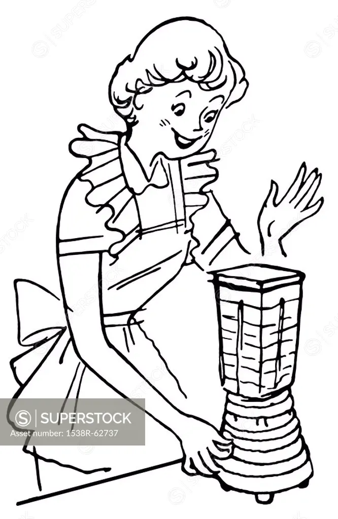 A black and white version of a vintage illustration of a woman using a blender