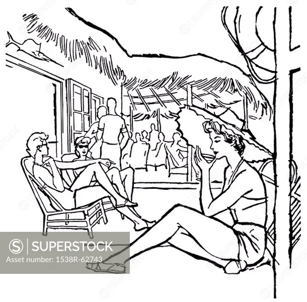 A black and white version of a vintage illustration of people relaxing on vacation