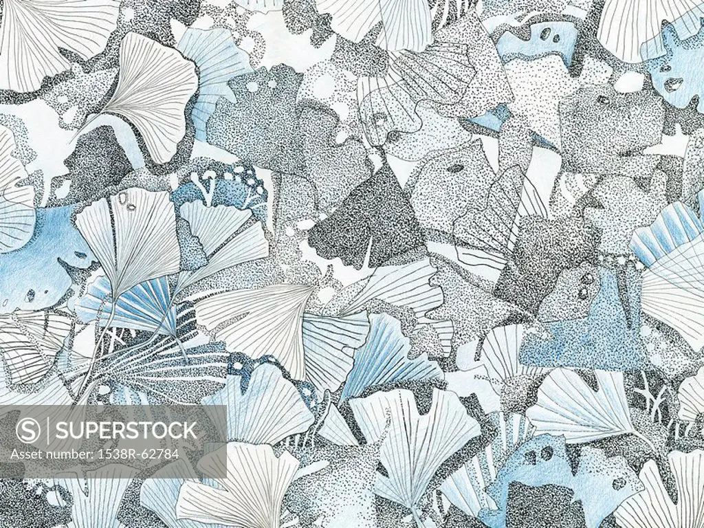 A drawing created with fine detail in blue and black depicting leaves nature