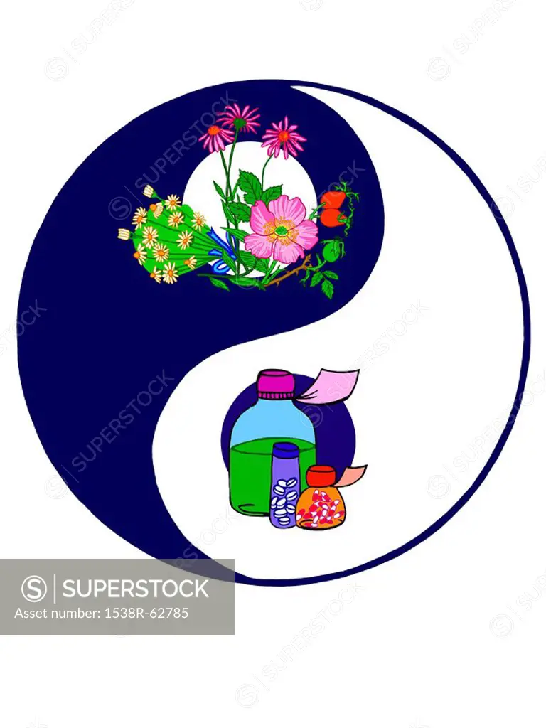 A Yin and Yang symbol with organic and chemical matter