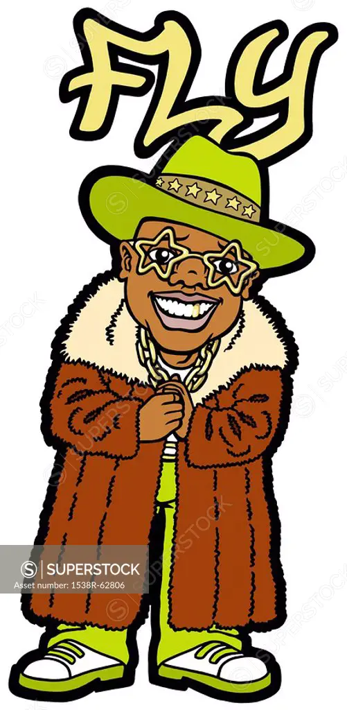 An illustration of a man wearing a large fur coat and star shaped glasses _ Fly