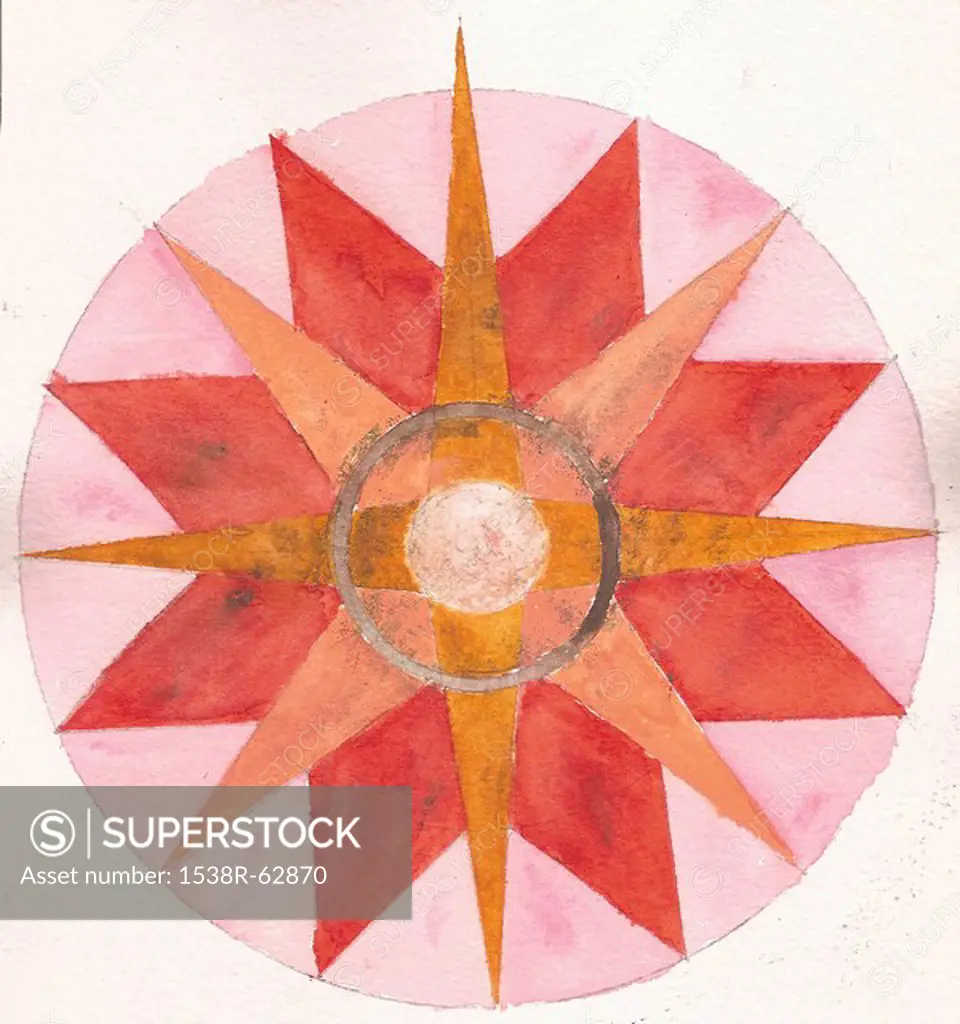 A painting on textured paper of a compass in shades of pink and orange