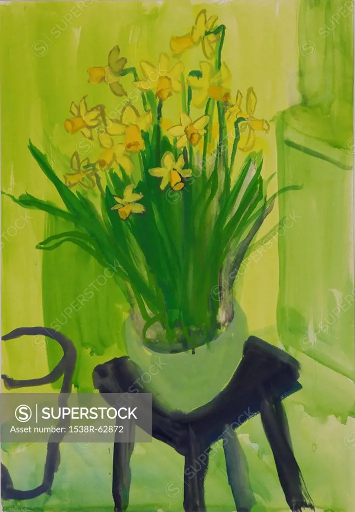 Painting of flowers vase on table