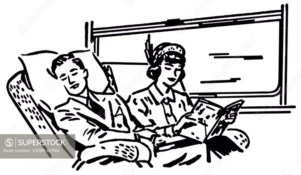 A black and white version of a vintage illustration of people on a train