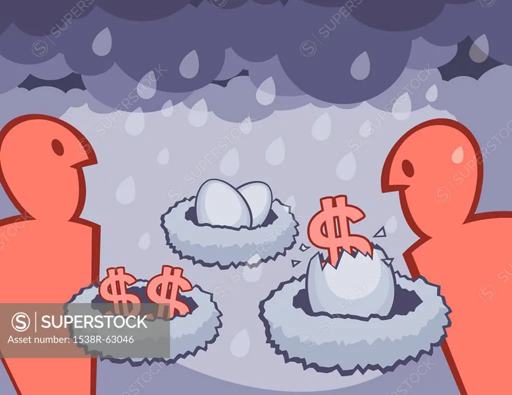 A graphical illustration depicting financial nest eggs and a rainy day