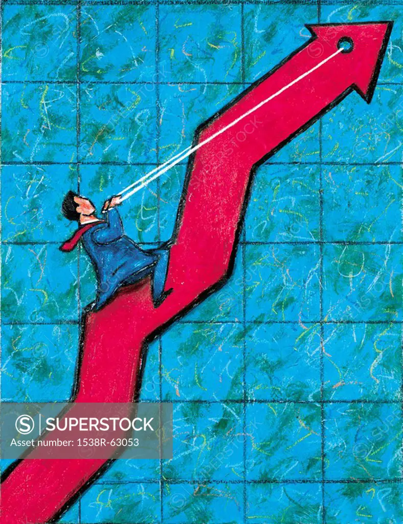 An illustration of a businessman riding a graph on its way up