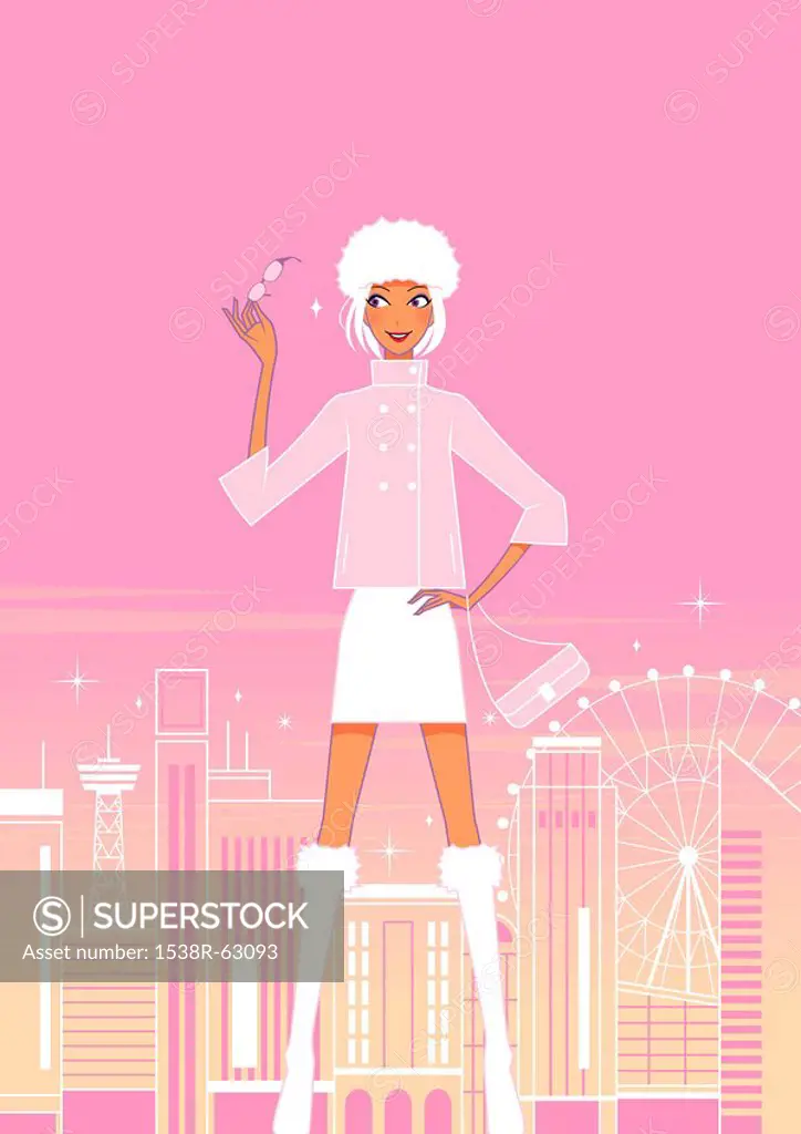 Woman standing with london cityscape behind her