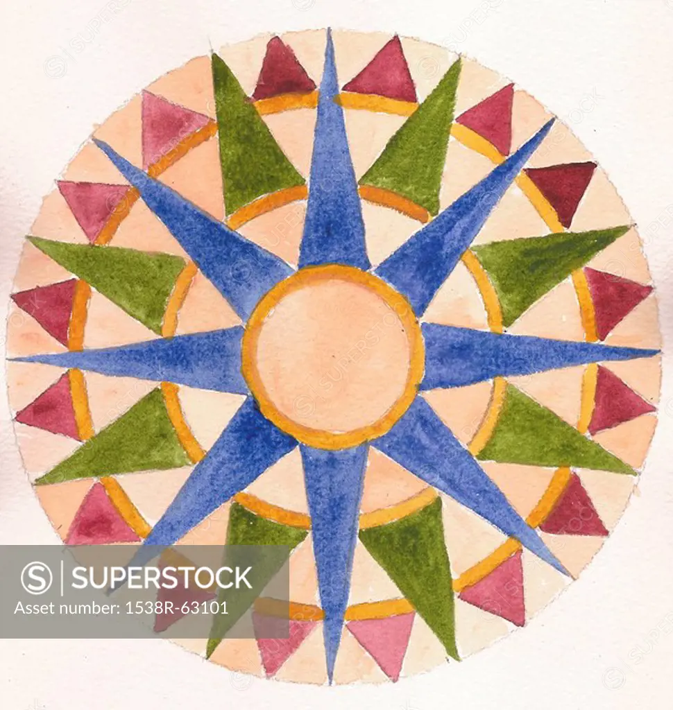 A painting on textured paper of a compass in shades of pink, yellow, blue and green