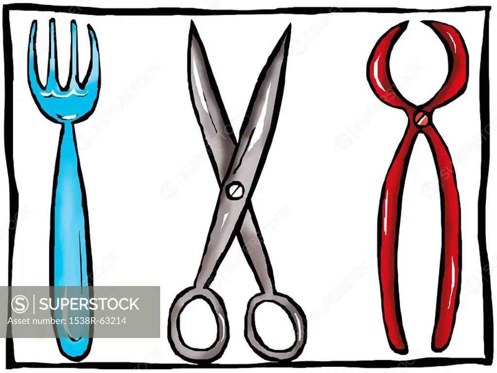 A drawing of a tray of utensils including scissors and a fork