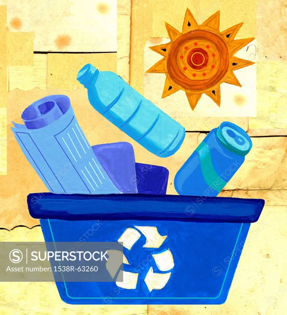 Plastic bottles in trash bin with recycle sign, close_up