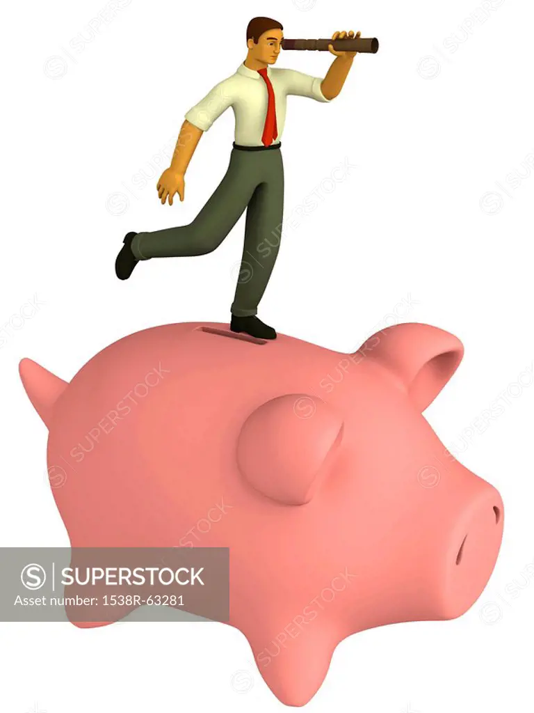 A businessman looking through a telescope standing on top of a piggybank drawn in a 3D style