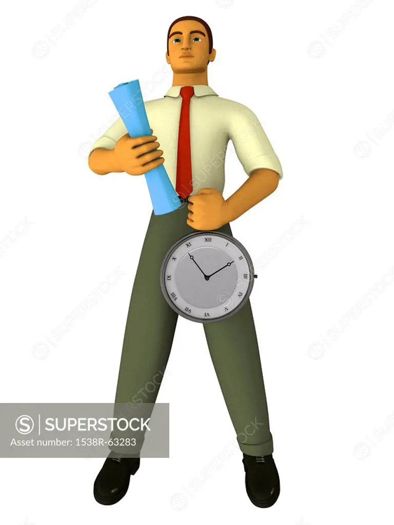 A businessman holding a stop watch and blueprints drawn in a 3Dstyle