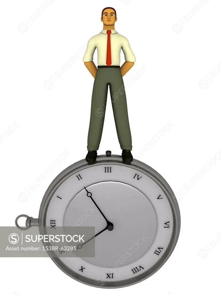 A businessman standing on top of a large stopwatch drawn in a 3D style