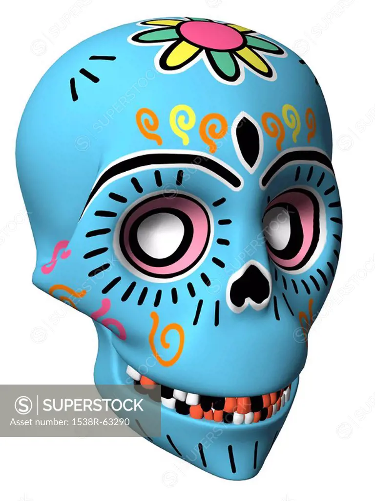 A Dia de Los Muertos or Day of the Dead style skull in a 3D style