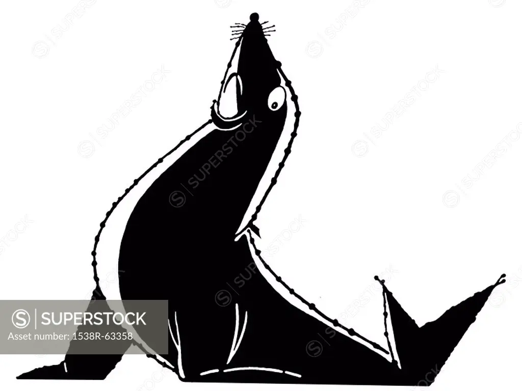 A black and white version of an illustration of a posed sea lion