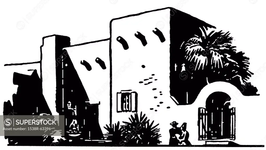 A black and white version of a Mexican inspired building