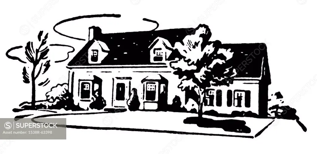 A black and white version of an illustration of a suburban home