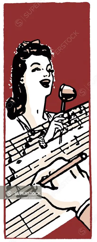 An illustration of a woman singing and a hand in the foreground jotting down notes