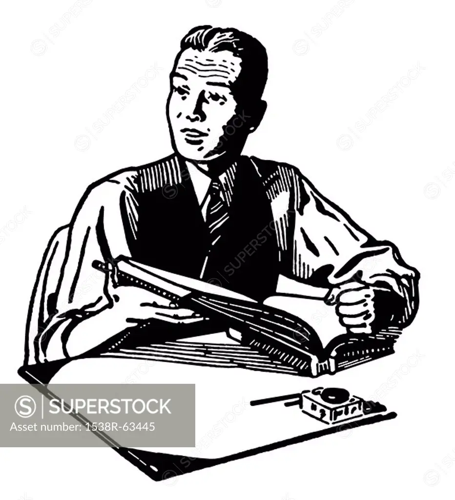 A black and white version of an illustration of a man reading at a writing desk