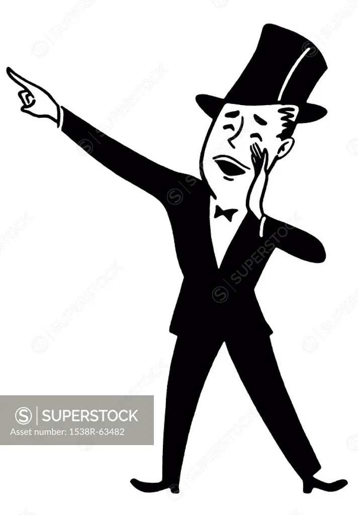 A black an white version of a cartoon style drawing of a man dressed in a top hat and tails making an announcement